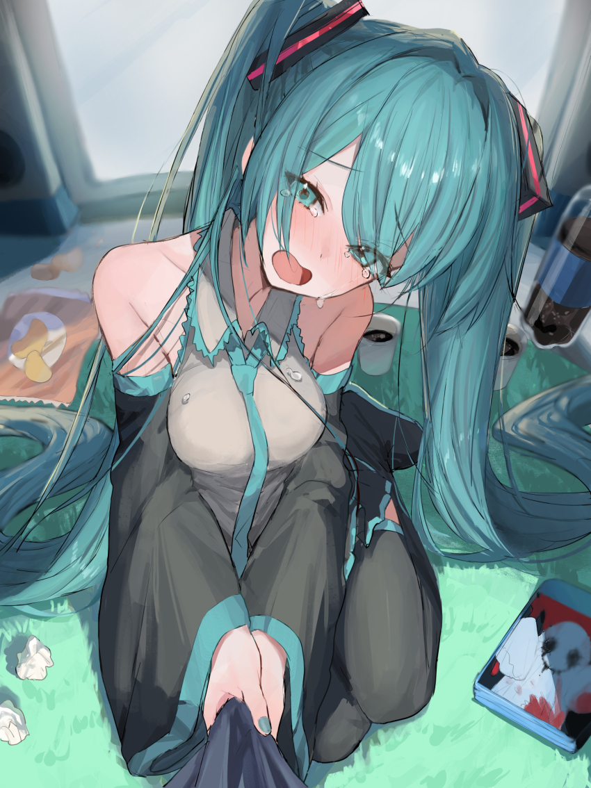 1girl, aqua_eyes, aqua_hair, aqua_nails, bare_shoulders, black_skirt, black_thighhighs, bottle