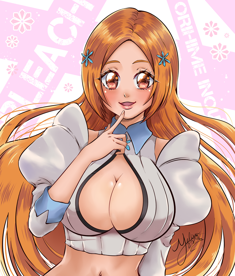 1girl, artist_name, bleach, bleach:_sennen_kessen-hen, blush, breasts, brown_eyes, cleavage, cleavage_cutout, clothing_cutout, female_focus, finger_to_mouth, hair_ornament, hairclip, inoue_orihime, large_breasts, long_hair, looking_at_viewer, mel-chan, midriff, navel, open_mouth, orange_hair, parted_bangs, solo