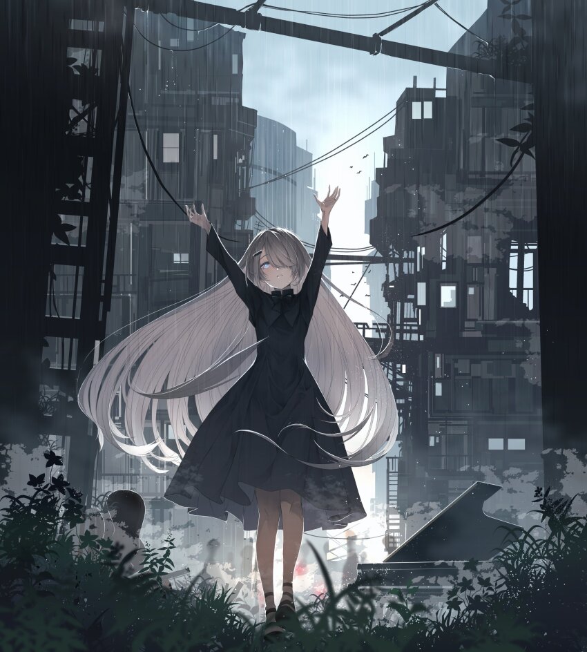 absurdres, bird, black_capelet, black_dress, capelet, cityscape, dress, grand_piano, hair_ornament, hairpin, highres, instrument, instrument_hair_ornament, mantle, noir_(noworld), noworld, piano, piano_keys, ruins, satsuki_lain, white_hair