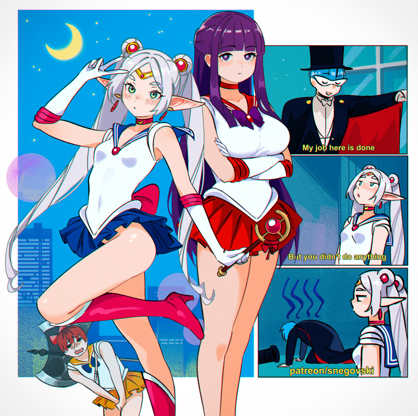 2boys, 2girls, alternate_costume, bishoujo_senshi_sailor_moon, blush, breasts, closed_mouth, cosplay, crescent, crescent_moon, crossed_arms, english_text, fern_(sousou_no_frieren), frieren, green_eyes, highres, himmel_(sousou_no_frieren), large_breasts, moon, multiple_boys, multiple_girls, multiple_views, night, pointy_ears, purple_eyes, purple_hair, sailor_mars, sailor_mars_(cosplay), sailor_moon, sailor_moon_(cosplay), sailor_venus, sailor_venus_(cosplay), sky, small_breasts, snegovski, sousou_no_frieren, standing, star_(sky), stark_(sousou_no_frieren), starry_sky, tuxedo_kamen, tuxedo_kamen_(cosplay), twintails, white_hair