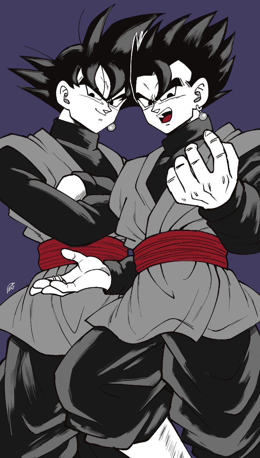 2boys, black_hair, black_pants, commentary_request, crossed_arms, dragon_ball, dragon_ball:_sparking!, dragon_ball_super, earrings, evil_smile, father_and_child, father_and_son, gohan_black, highres, jewelry, long_sleeves, multiple_boys, open_mouth, pants, parent_and_child, potara_earrings, short_hair, simple_background, single_earring, smile, spiked_hair, tama_(14a844947c7e46e), white_footwear