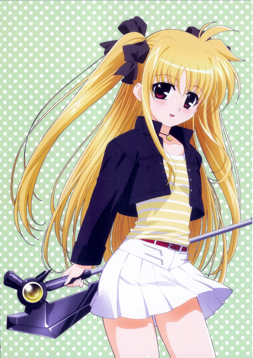 00s, 1girl, bardiche_(device_form)_(nanoha), bardiche_(nanoha), blonde_hair, blush, cropped_jacket, fate_testarossa