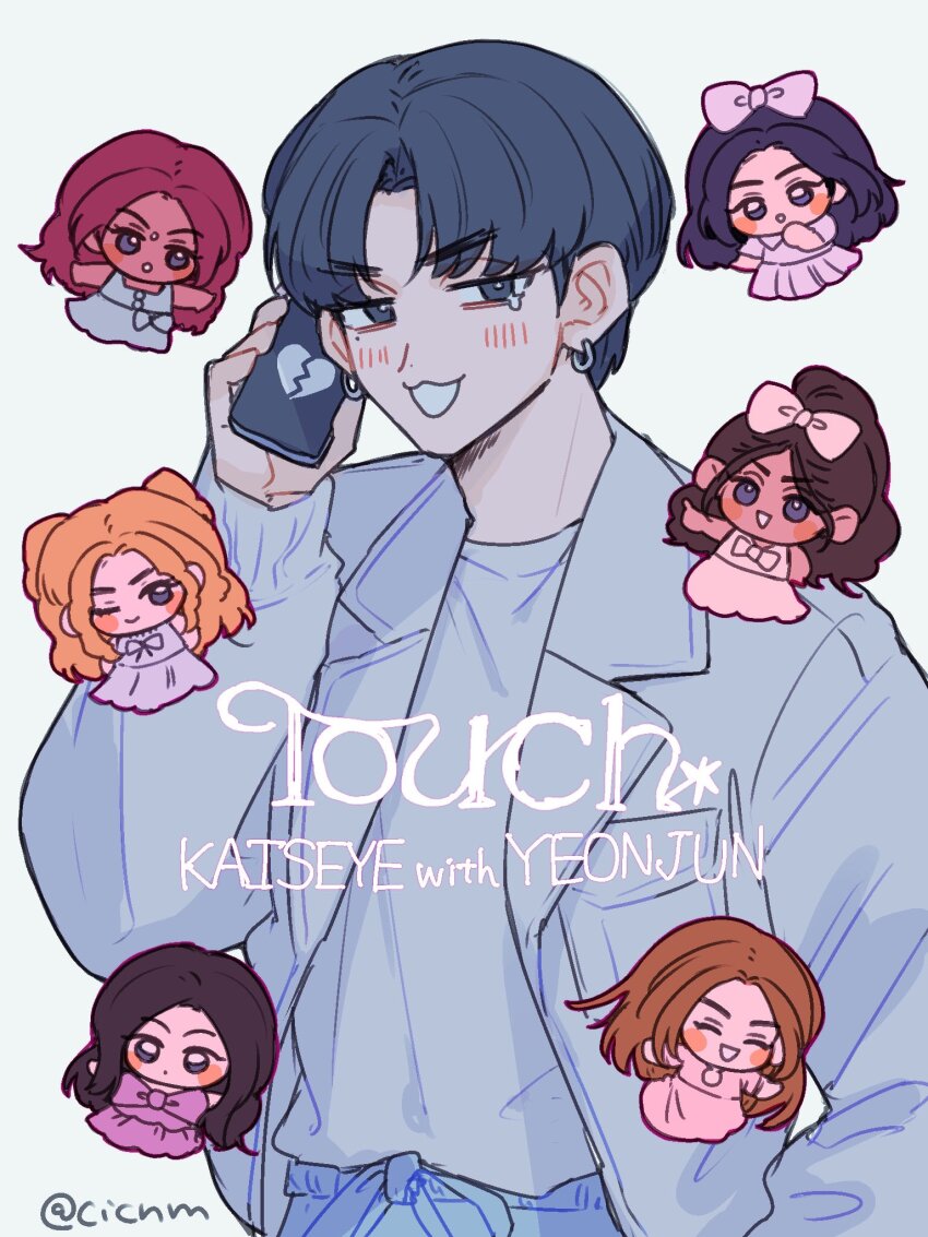 1boy, 6+girls, :3, animification, black_hair, blonde_hair, bow, broken_heart