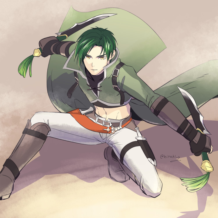 1boy, belt, commentary_request, crop_top, dual_wielding, fire_emblem, fire_emblem:_radiant_dawn, green_hair