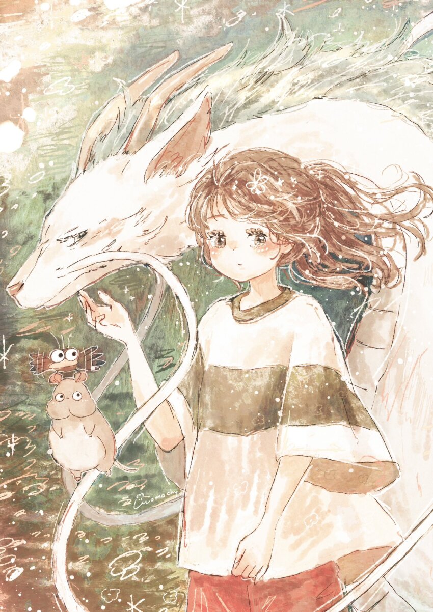 1girl, bird, bou_(sen_to_chihiro_no_kamikakushi), brown_hair, closed_mouth, dot_mouth, dragon, floating_hair, haku_(sen_to_chihiro_no_kamikakushi), hashtag-only_commentary, highres, holding, horns, looking_at_viewer, momochy, ogino_chihiro, ponytail, red_shorts, sen_to_chihiro_no_kamikakushi, shirt, shorts, t-shirt, upper_body, wings, yu-bird