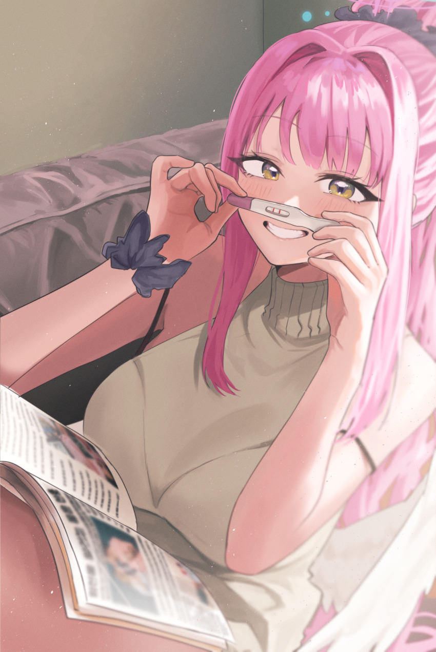 1girl, arata_haru, black_scrunchie, blue_archive, blush, breasts, grin, hair_intakes, hair_ornament, hair_scrunchie, highres, holding, holding_pregnancy_test, implied_pregnancy, large_breasts, long_hair, looking_at_viewer, mika_(blue_archive), pink_hair, ponytail, pregnancy_test, scrunchie, sleeveless, sleeveless_turtleneck, smile, solo, teeth, turtleneck, wrist_scrunchie, yellow_eyes