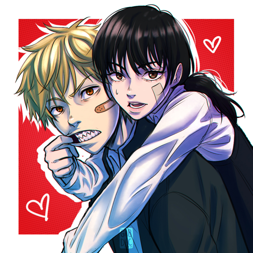 1boy, 1girl, bandaid, bandaid_on_face, black_dress, black_hair, blonde_hair, brown_eyes