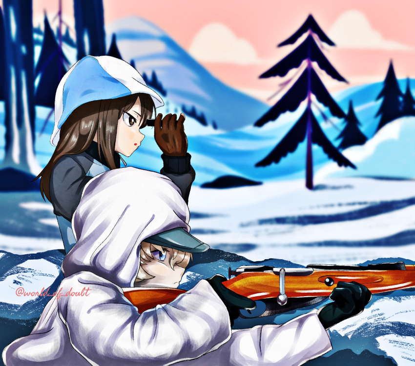 2girls, aiming, baseball_cap, black_gloves, blue_hat, blue_jacket, blurry, blurry_background