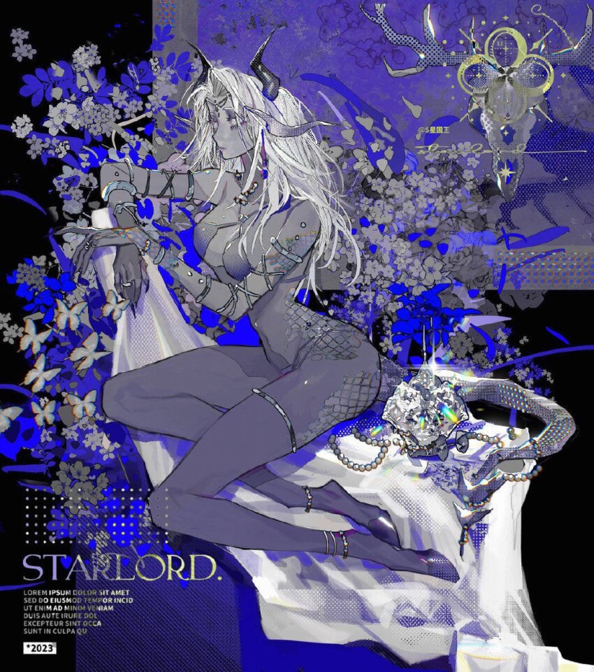 1girl, bikini, black_background, blue_bikini, blue_flower, bracelet, bug, butterfly