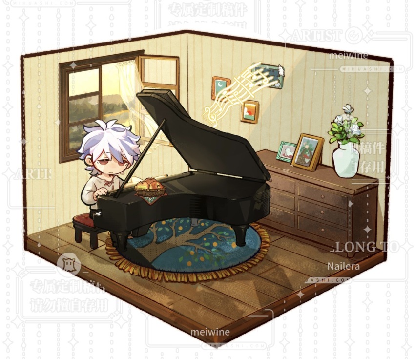 1boy, apple, basket, chest_of_drawers, chibi, chinese_commentary, closed_mouth, commentary_request, commission, dollhouse_view, flower, food, fruit, grand_piano, grey_shirt, indoors, instrument, long_sleeves, male_focus, multicolored_hair, music, open_window, painting_(object), piano, picture_frame, pink_hair, playing_instrument, playing_piano, purple_hair, red_eyes, rug, saibou_shinkyoku, second-party_source, shirt, short_hair, sitting, solo, theodore_riddle, too_many_watermarks, tsubasa542, two-tone_hair, variant_set, vase, wallpaper_(object), watermark, white_flower, window, wooden_floor