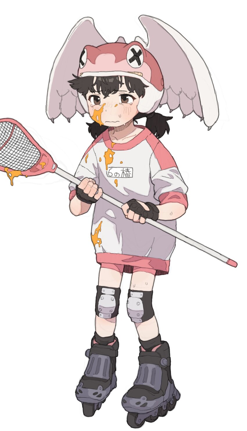 1girl, absurdres, alien_nine, black_gloves, black_hair, blush, borg_(alien_nine), brown_eyes, closed_mouth, clothes_writing, fingerless_gloves, full_body, gloves, hair_between_eyes, helmet, highres, holding, inline_skates, knee_pads, ootani_yuri, orange_blood, possummachine, roller_skates, short_sleeves, short_twintails, simple_background, skates, solo, standing, sweat, tears, twintails, white_background, winged_helmet