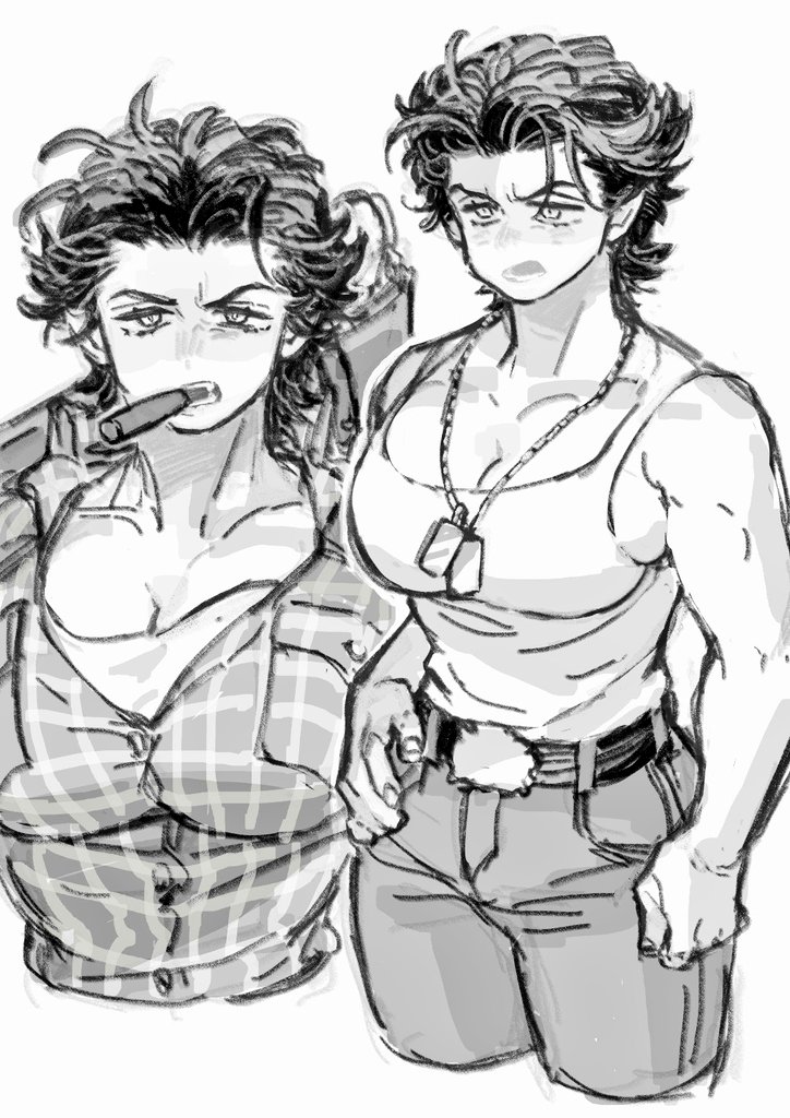 1girl, axe, belt, breasts, cigar, cleavage, collarbone, collared_shirt