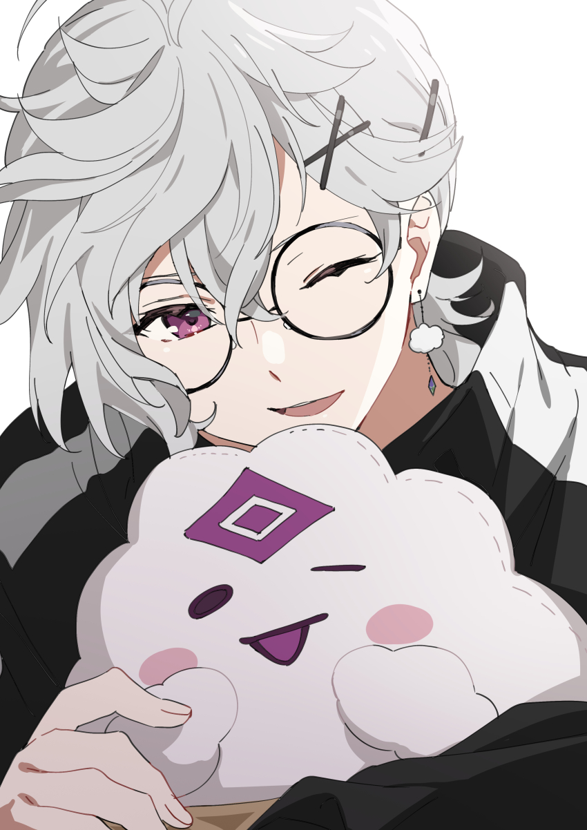1boy, absurdres, black_jacket, commentary, earrings, glasses, grey_hair, hair_ornament