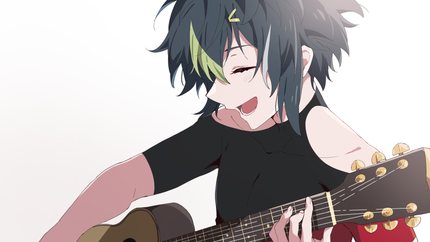 1boy, absurdres, black_hair, black_shirt, closed_eyes, clothing_cutout, commentary, green_hair