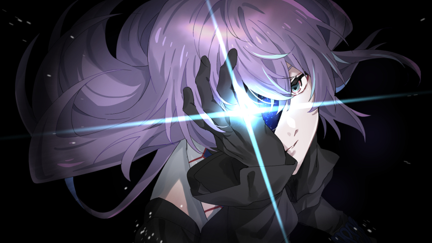 1boy, black_bow, black_gloves, black_shirt, bow, commentary, gloves, grey_eyes