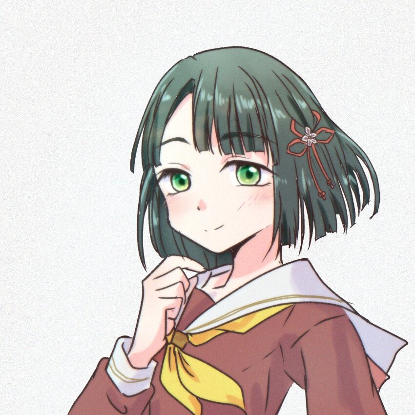 1girl, blunt_bangs, blunt_ends, blush, brown_dress, clenched_hand, closed_mouth, commentary