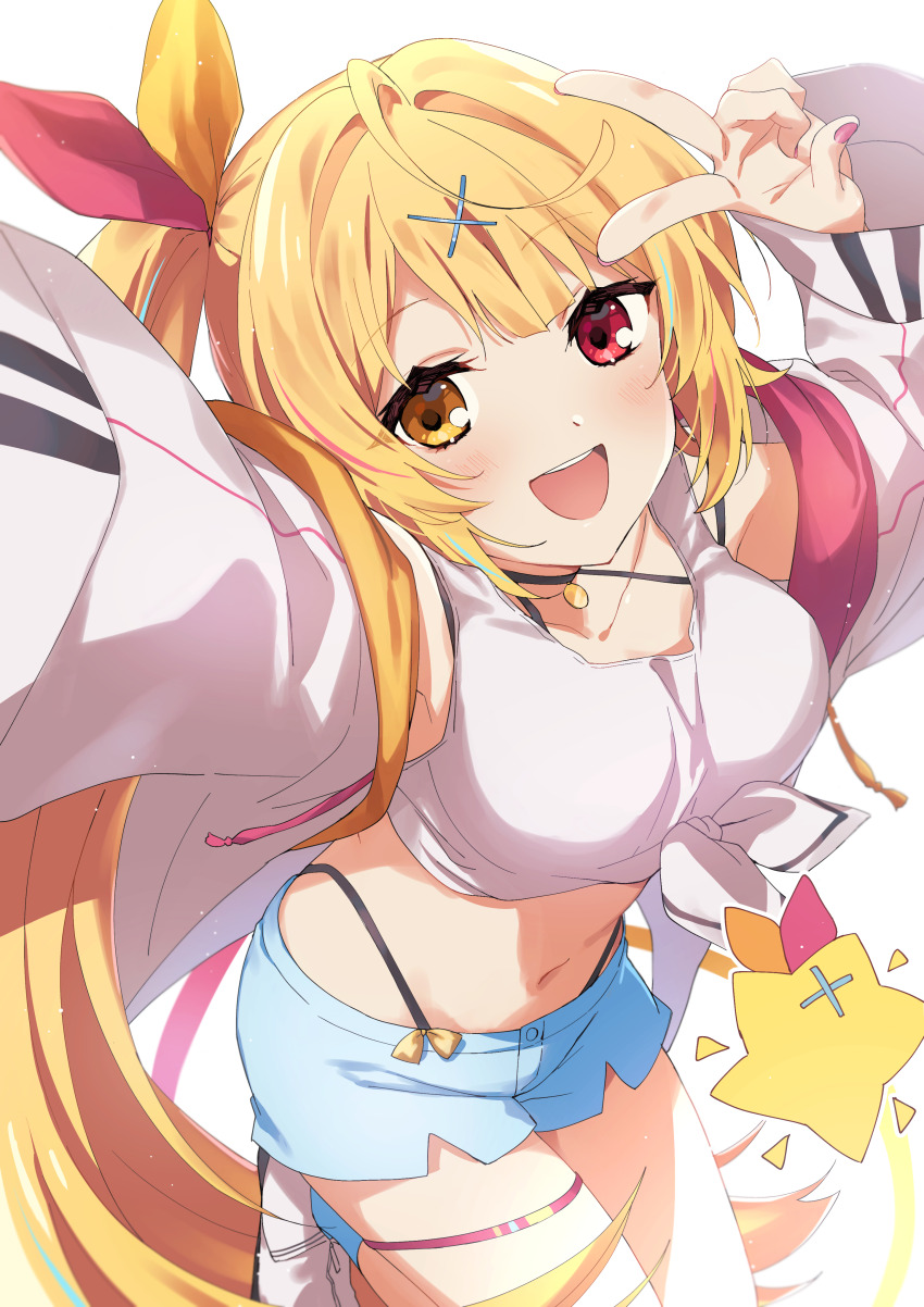 1girl, absurdres, blonde_hair, blue_shorts, commentary, cowboy_shot, crop_top, front-tie_top, hair_ornament, heterochromia, highres, hoshikawa_sara, hoshikawa_sara_(1st_costume), jacket, long_sleeves, looking_at_viewer, nijisanji, open_mouth, panty_straps, ponytail, red_eyes, shirt, shorts, simple_background, smile, solo, star_(symbol), stomach, tai_sheng_nai, tank_top, tied_shirt, v, virtual_youtuber, white_background, white_jacket, white_shirt, white_tank_top, x_hair_ornament, yellow_eyes