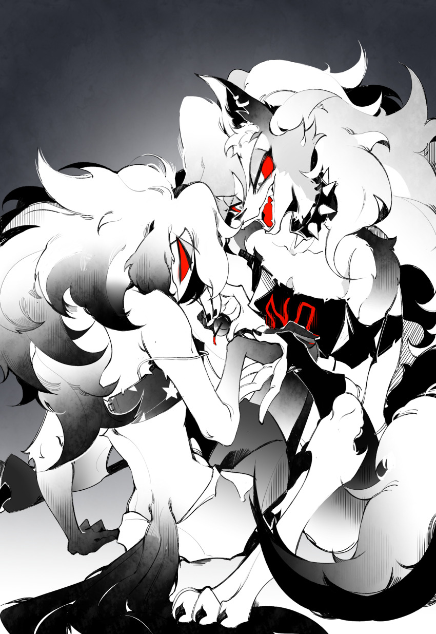 2girls, absurdres, animal_ears, demon_girl, dog_ears, dog_girl, dog_tail, furry, furry_female, hellaverse, helluva_boss, highres, loona_(helluva_boss), multiple_girls, nail_polish, octavia_(helluva_boss), owl_girl, red_eyes, sharp_teeth, tail, teeth, zhu_xing_pupupu