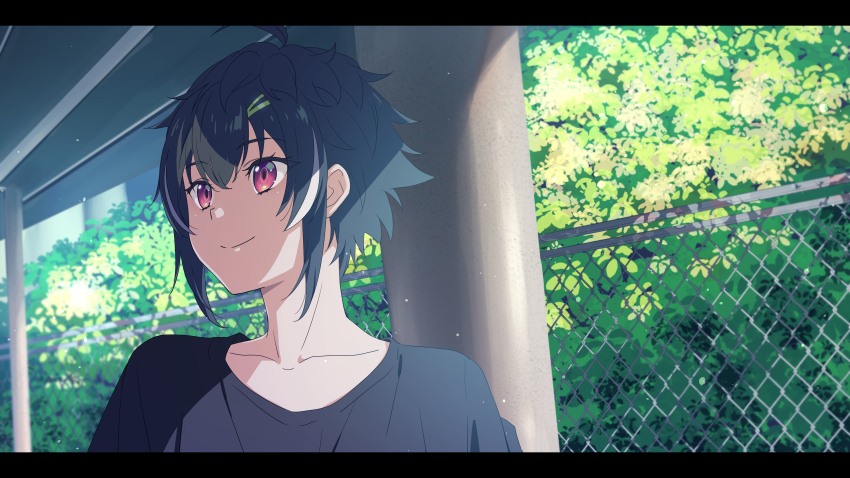1boy, absurdres, ahoge, black_hair, black_shirt, bush, chain-link_fence, commentary