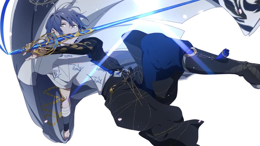 1boy, absurdres, black_boots, black_pants, black_shirt, blue_hair, boots, commentary