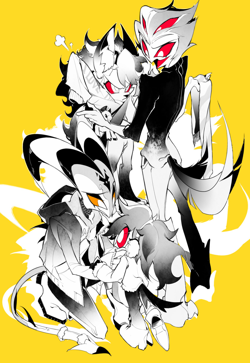 2boys, 2girls, absurdres, animal_ears, black_feathers, blitzo_(helluva_boss), demon_boy, demon_girl