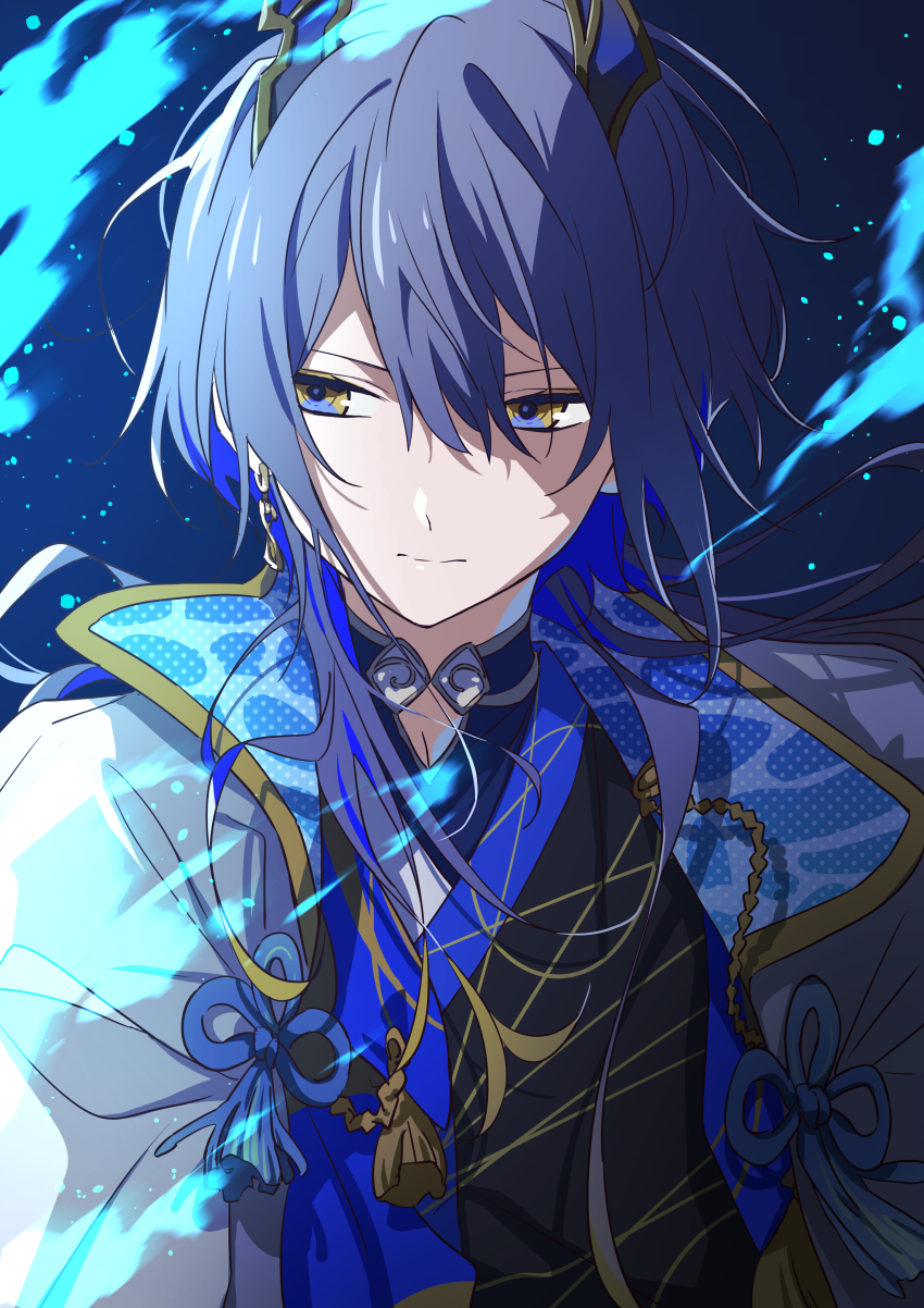 1boy, absurdres, black_shirt, blue_background, blue_eyes, blue_fire, blue_hair, blue_scarf