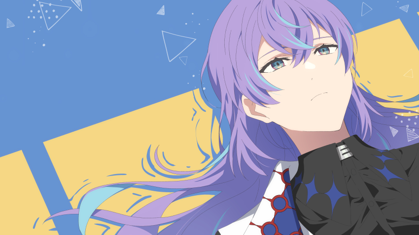 1boy, absurdres, black_shirt, blue_background, blue_hair, colored_inner_hair, commentary, expressionless