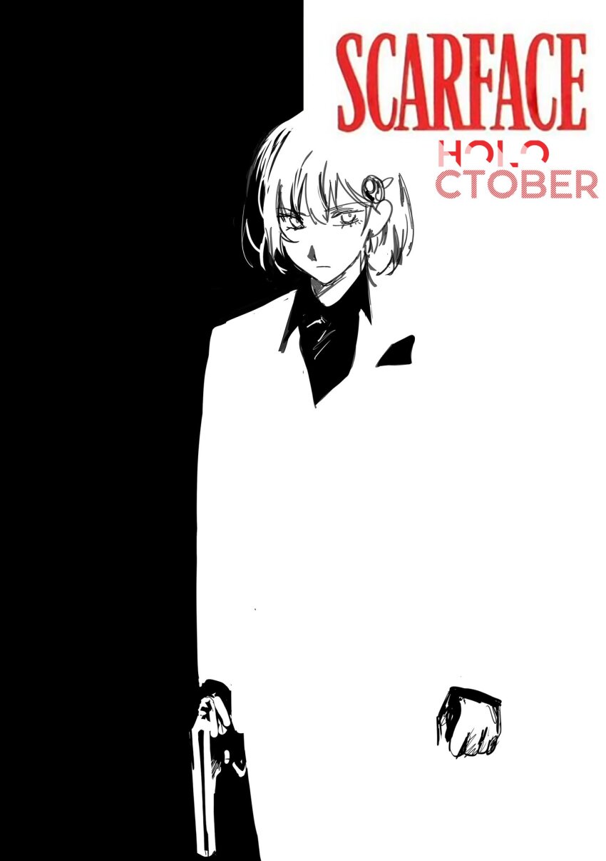 1girl, choripan, gun, highres, holding, holding_gun, holding_weapon, hololive