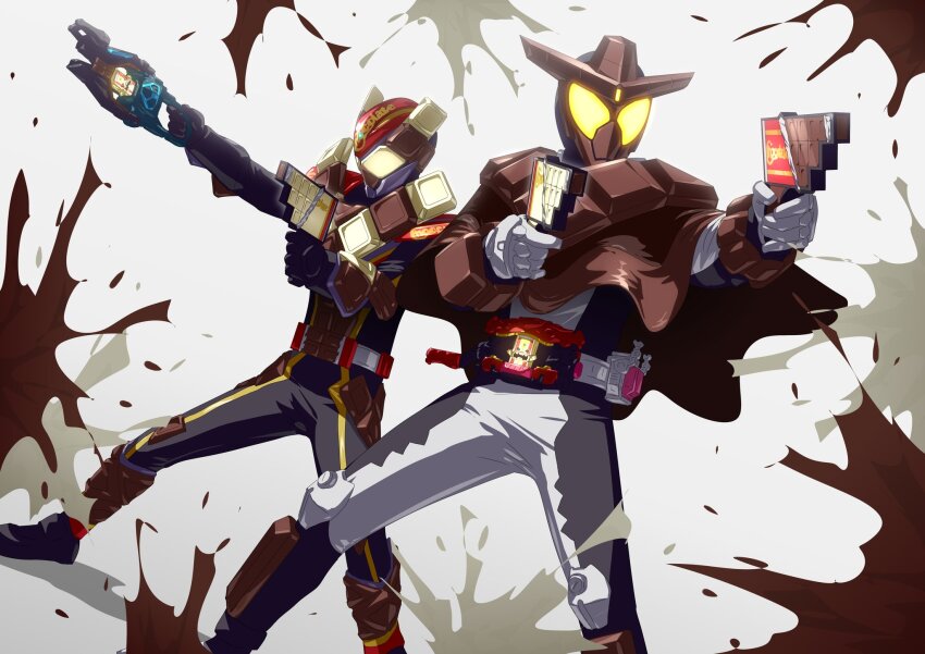 2boys, armor, bodysuit, boots, brown_armor, brown_gloves, candy, capelet