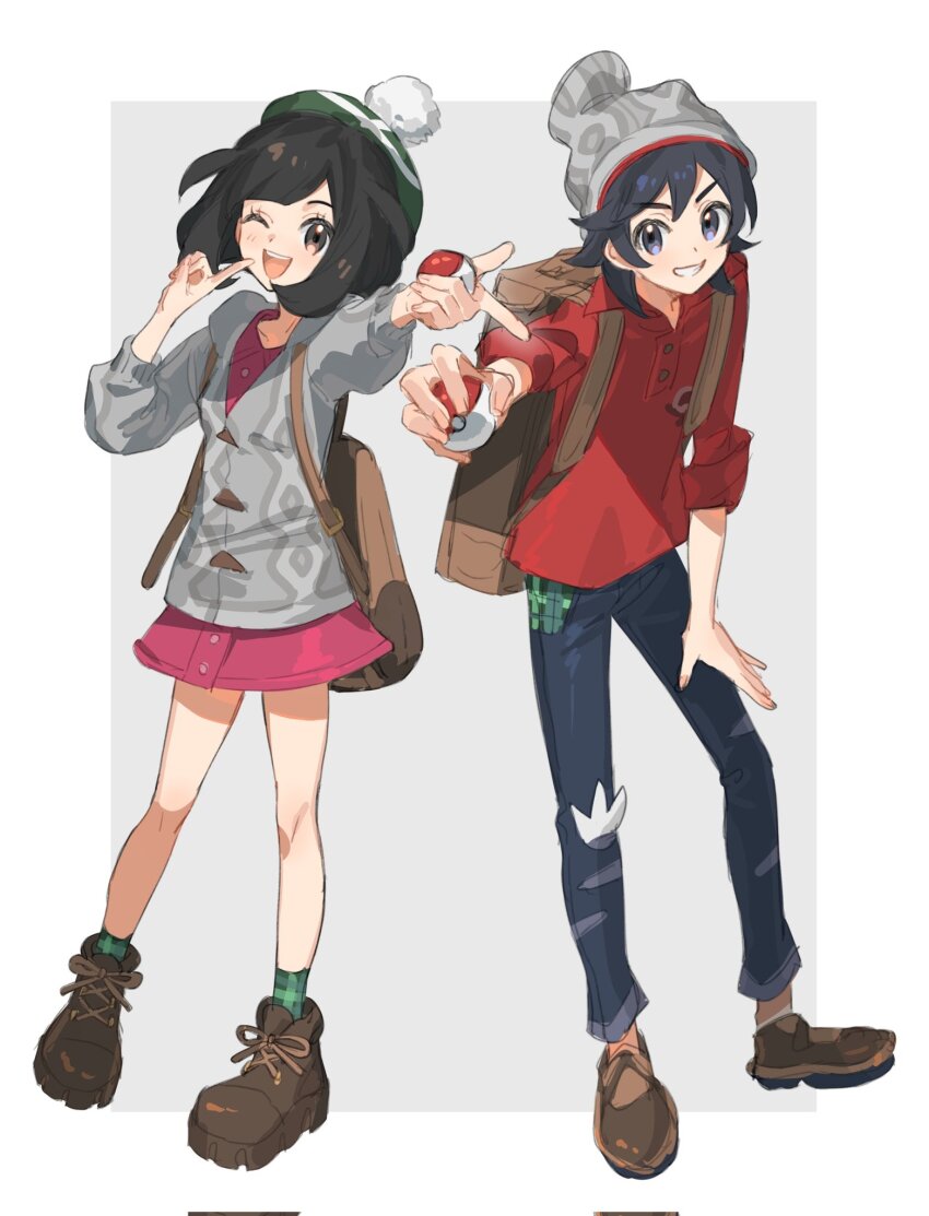 1boy, 1girl, :d, beanie, black_eyes, black_hair, blue_pants, border