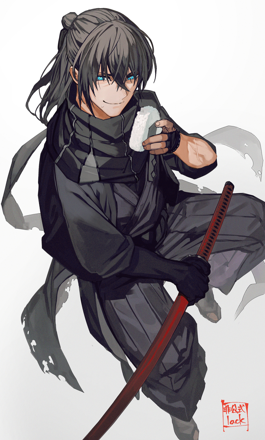 1boy, artist_name, asymmetrical_gloves, black_gloves, black_hair, black_hakama, black_haori, black_kimono