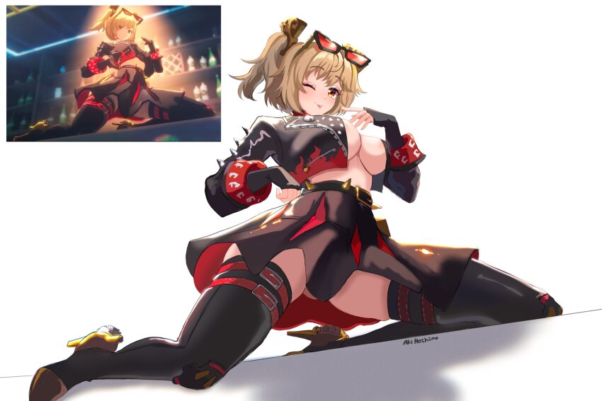 1girl, absurdres, aki_hoshino, artist_name, black_boots, black_gloves, black_jacket, black_skirt