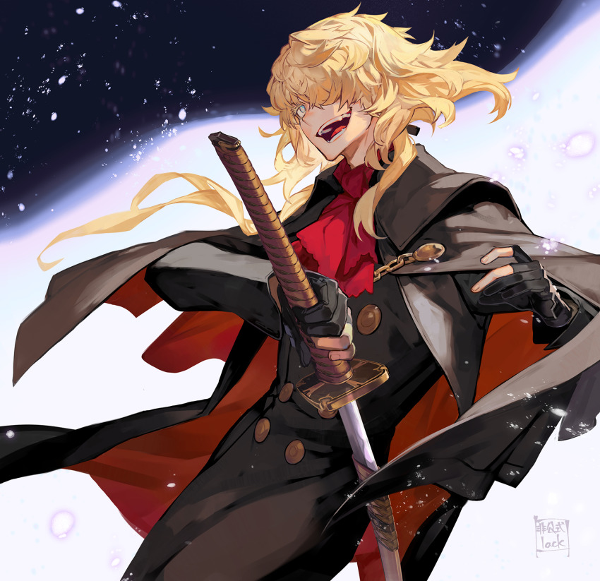 1boy, :d, artist_name, ascot, black_cape, black_coat, black_gloves, blonde_hair