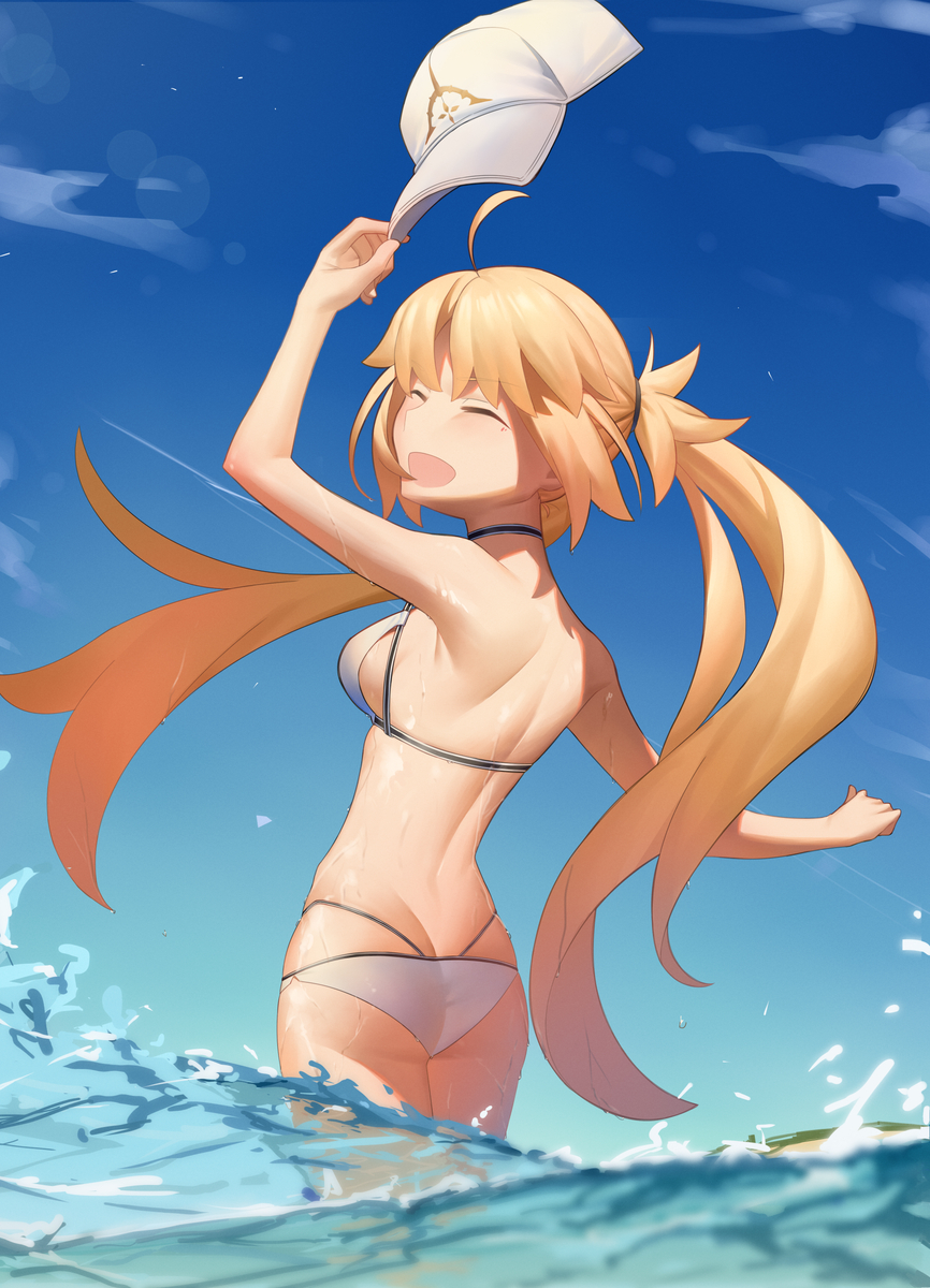 1girl, artoria_caster_(fate), artoria_caster_(swimsuit)_(fate), artoria_caster_(swimsuit)_(first_ascension)_(fate), artoria_pendragon_(fate), ass, back, butt_crack