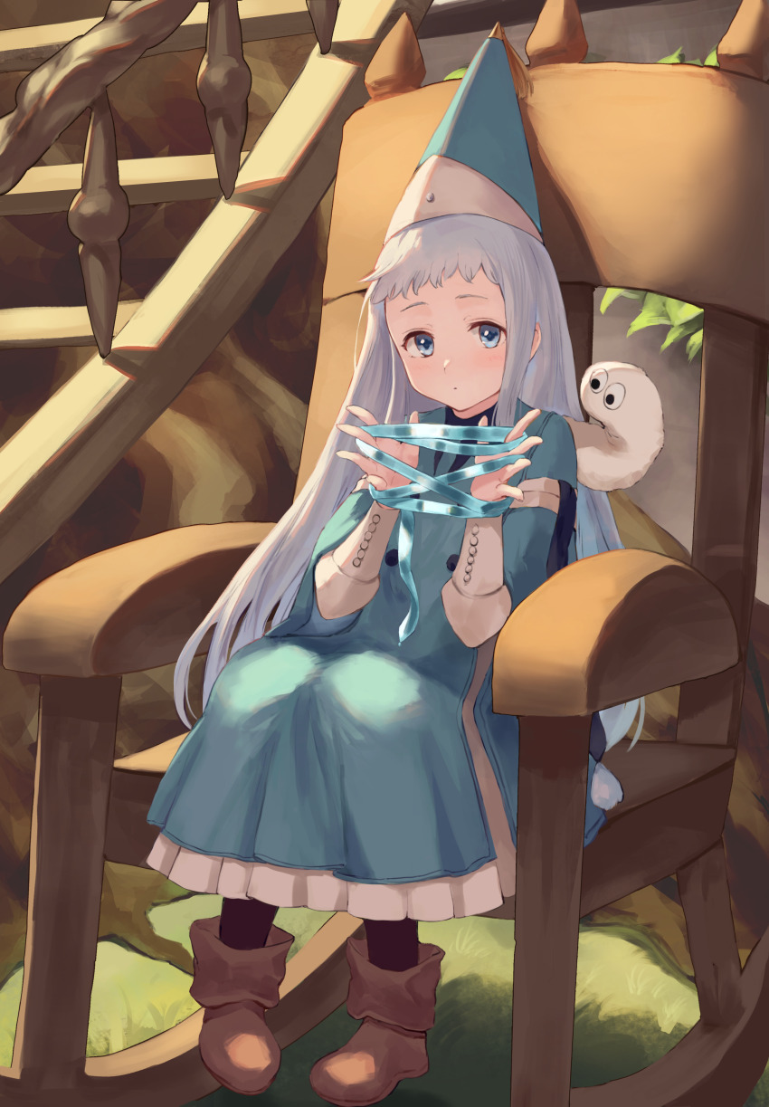 1girl, absurdres, black_leggings, blue_dress, blue_eyes, blue_hair, blue_ribbon, blunt_bangs, blush, brown_footwear, brushbuddy, cat's_cradle, chair, child, commission, commissioner_upload, crystal, crystal_ribbon, dress, expressionless, fingernails, flat_chest, full_body, hat, hat_tassel, highres, holding, indoors, jojobirdz, leggings, long_hair, looking_at_viewer, non-web_source, on_chair, pet, plant, qifrey's_atelier_apprentice_uniform, ribbon, richeh_(tongari_boushi_no_atelier), shadow, sitting, solo, stairs, tongari_boushi_no_atelier, tree, very_long_hair, witch_hat