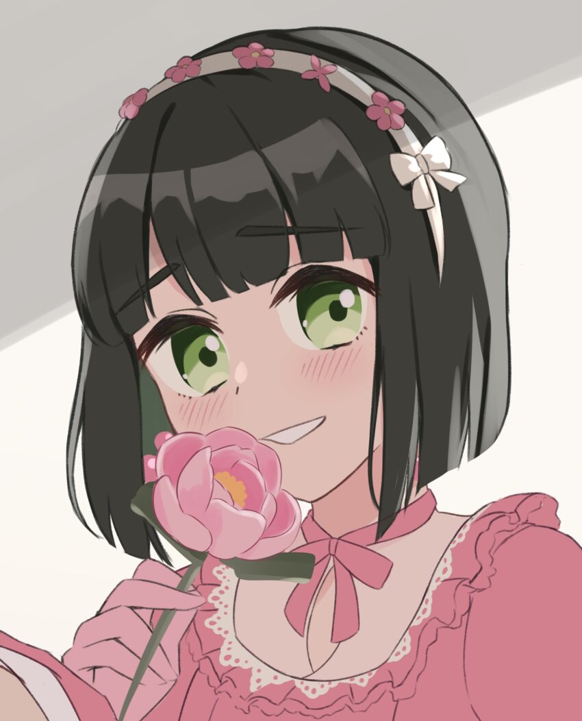 1girl, black_hair, blunt_bangs, blunt_ends, blush, commentary_request, dress, flower