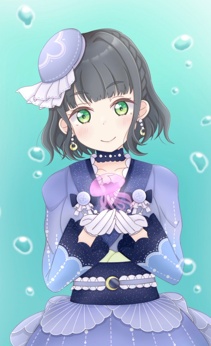 1girl, beret, black_hair, blue_hat, blue_kimono, blunt_bangs, blush, braid