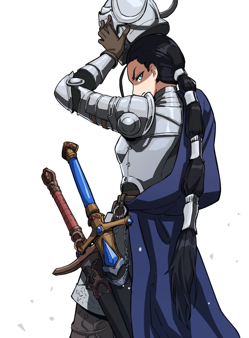 1girl, absurdres, armor, black_hair, blue_eyes, boobplate, breastplate, brown_gloves