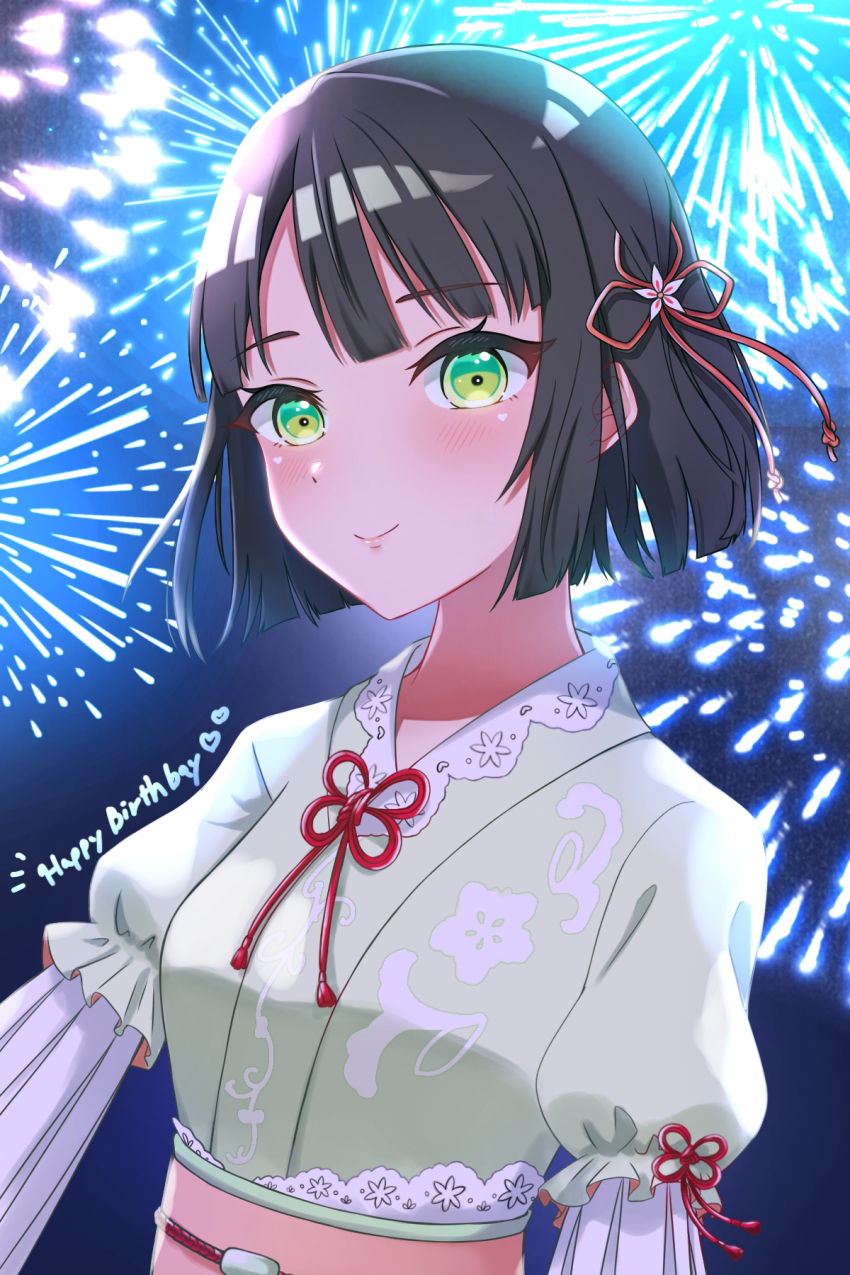 1girl, aerial_fireworks, aoku_haruka, black_hair, blunt_bangs, blunt_ends, blush, closed_mouth, commentary_request, fireworks, flower, flower_knot, green_eyes, green_kimono, hair_flower, hair_ornament, happy_birthday, highres, japanese_clothes, kimono, layered_sleeves, link!_like!_love_live!, long_sleeves, looking_at_viewer, love_live!, mano_409, momose_ginko, night, official_alternate_costume, puffy_short_sleeves, puffy_sleeves, short_hair, short_over_long_sleeves, short_sleeves, sky, smile, solo, split_mouth, upper_body, virtual_youtuber