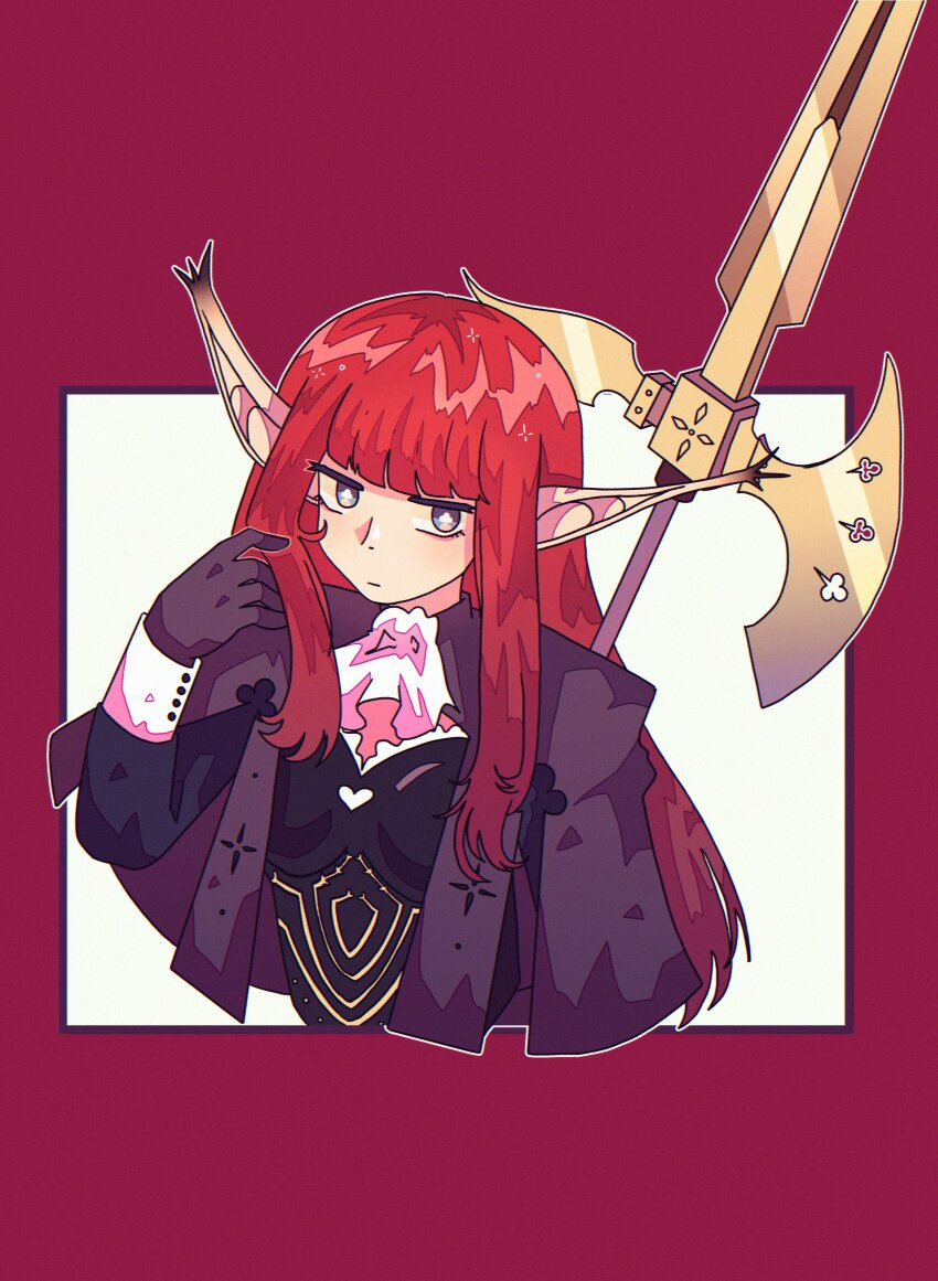 1girl, absurdres, ascot, black_gloves, border, commentary, english_commentary, gloves, grey_eyes, halberd, highres, holding, holding_polearm, holding_weapon, hulkenberg_(metaphor:_refantazio), long_hair, long_pointy_ears, metaphor:_refantazio, mokiki_(mokadevs), outside_border, pointy_ears, polearm, red_border, red_hair, sidelocks, simple_background, solo, weapon, weapon_on_back, white_ascot, white_background