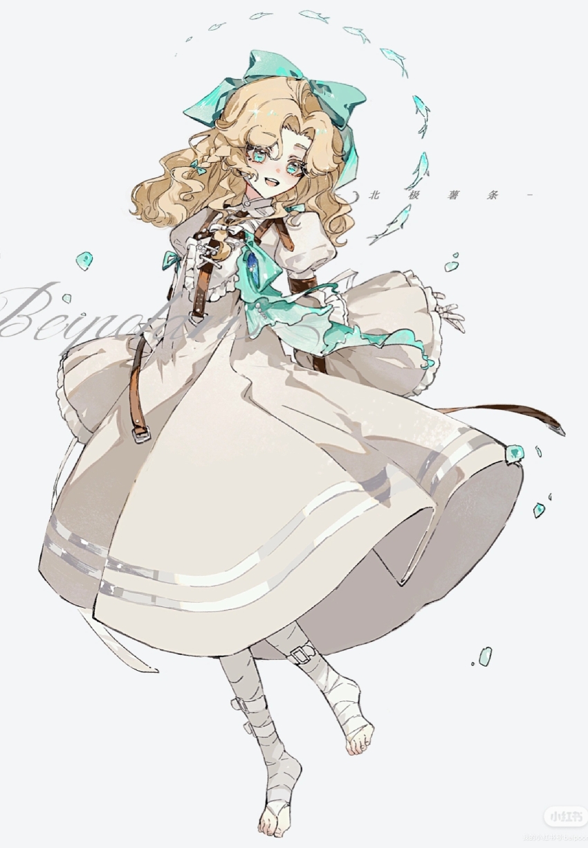 1girl, :d, absurdres, aqua_bow, aqua_eyes, arm_belt, bandaged_foot, bandaged_hand, bandaged_leg, bandages, barefoot, beiji_shutiao, belt, blonde_hair, bow, brown_belt, dress, fish, full_body, hair_bow, highres, juliet_sleeves, long_dress, long_sleeves, looking_to_the_side, lorelei_(reverse:1999), medium_hair, open_mouth, puffy_sleeves, reverse:1999, sleeves_past_wrists, smile, solo, standing, standing_on_one_leg, white_dress