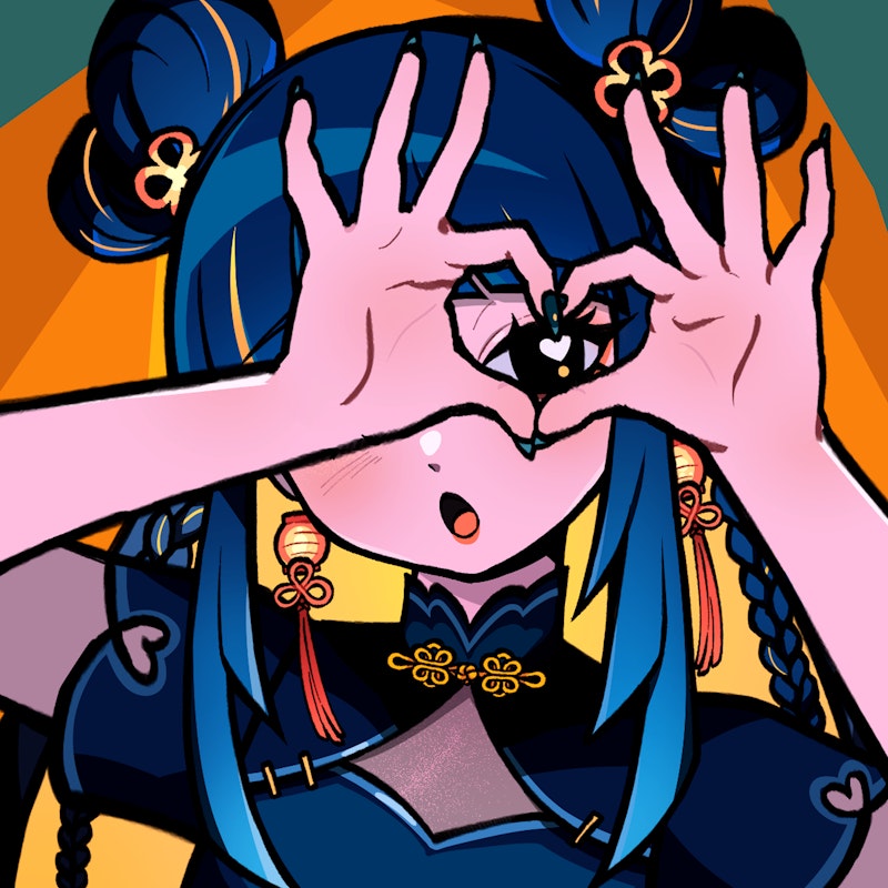 1girl, four-finger_heart_hands, :o, album_cover, black_eyes, blonde_hair, blue_hair, blue_nails