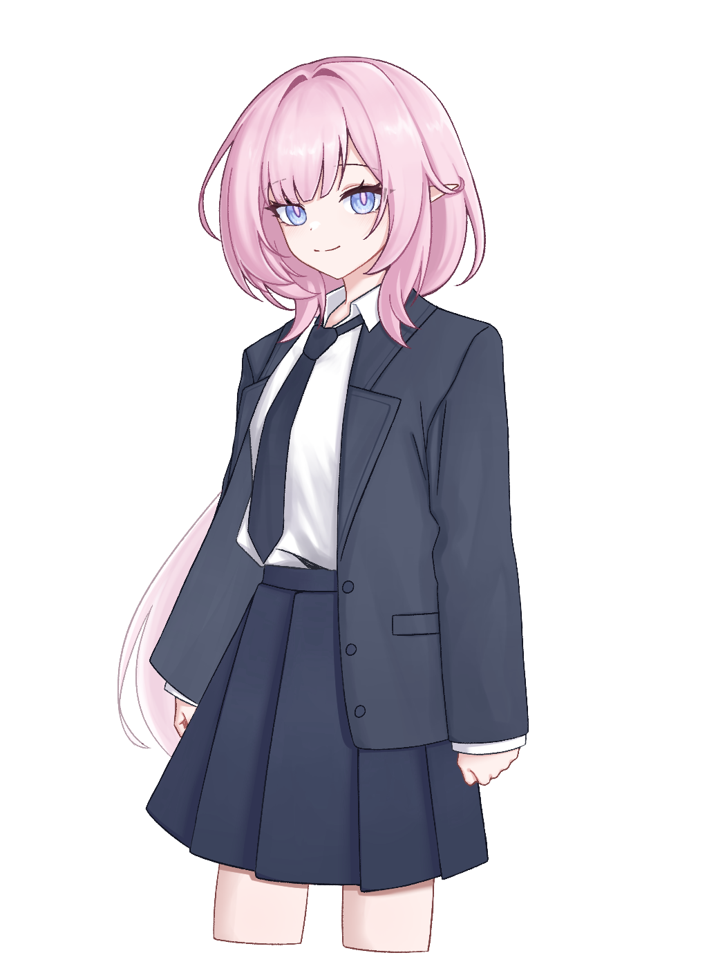 1girl, black_jacket, black_necktie, black_skirt, blue_eyes, breasts, closed_mouth, collared_shirt