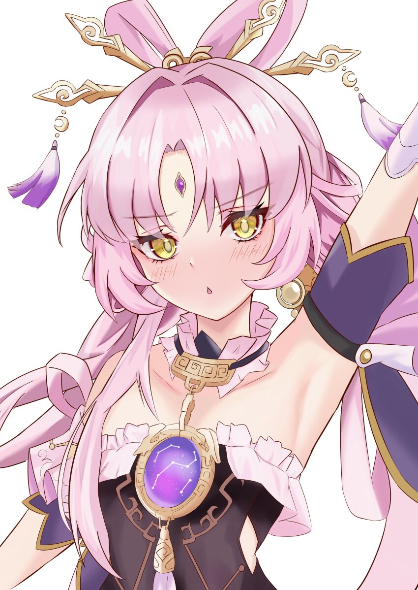 1girl, absurdres, arm_up, armpits, bare_shoulders, black_dress, blush, collarbone, detached_sleeves, dress, fu_xuan_(honkai:_star_rail), hair_intakes, highres, honkai:_star_rail, honkai_(series), long_hair, looking_at_viewer, nekka_(87398o9514), parted_lips, pink_hair, solo, upper_body, very_long_hair, white_background, yellow_eyes