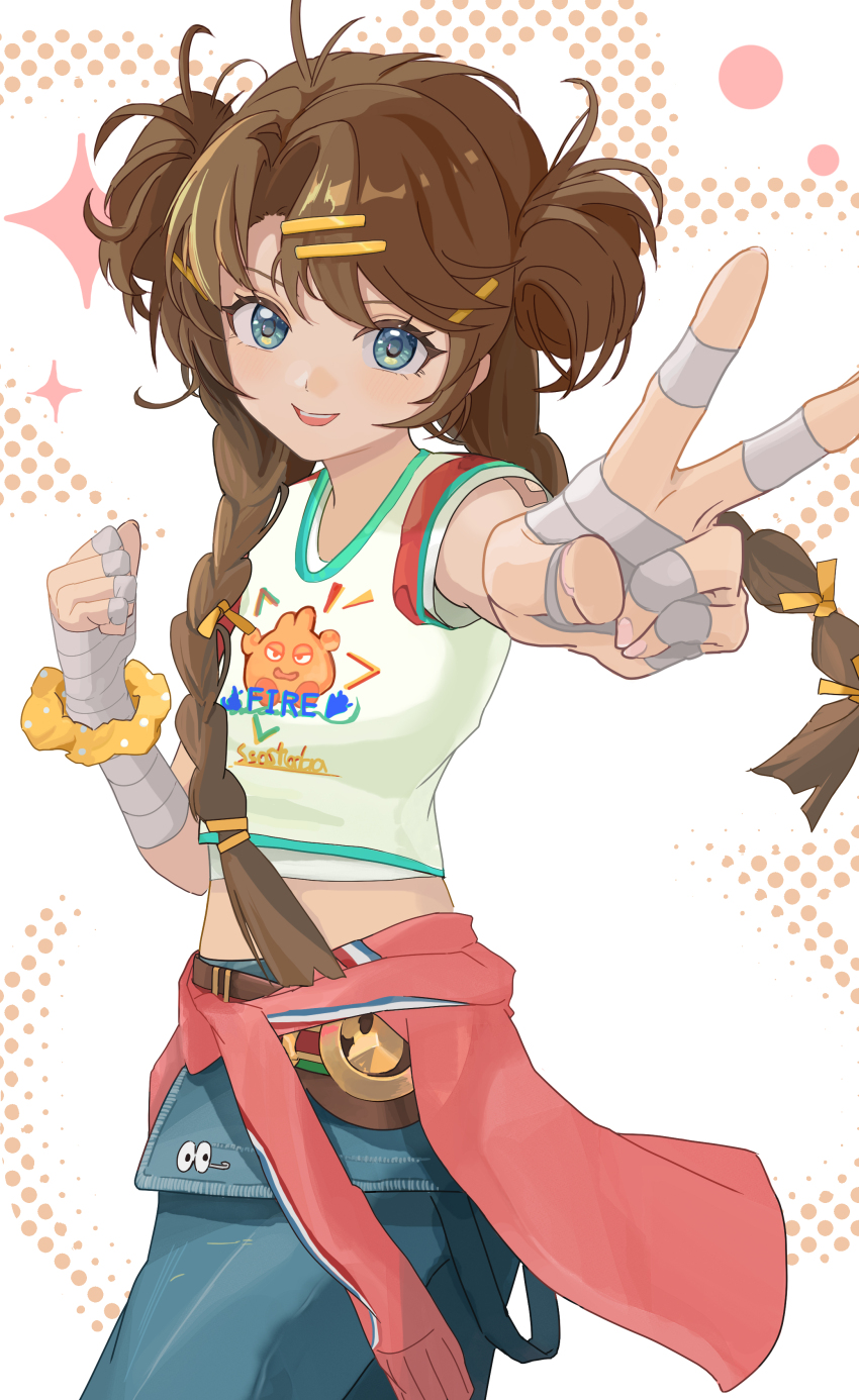 1girl, :d, absurdres, bandaged_arm, bandaged_hand, bandages, belt, blue_eyes