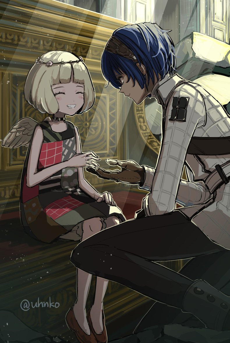 1boy, 1girl, arm_up, bare_shoulders, belt, black_pants, blonde_hair, blue_hair