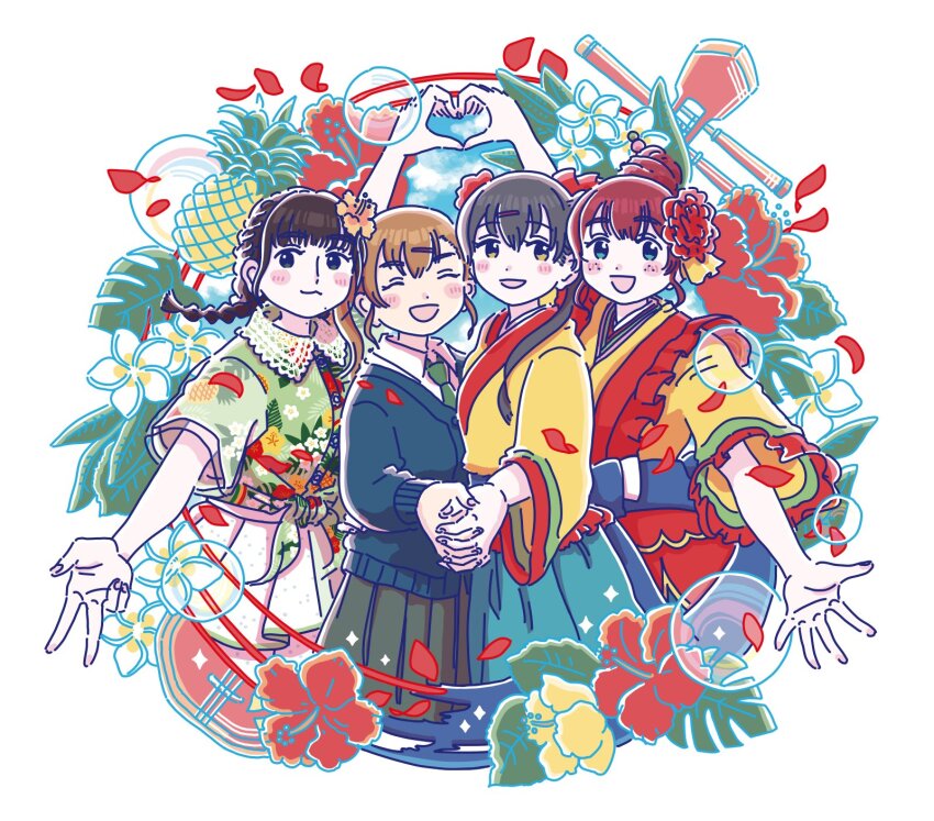 4girls, :3, :d, akamine_ten, animification, black_skirt, blue_cardigan, blue_eyes