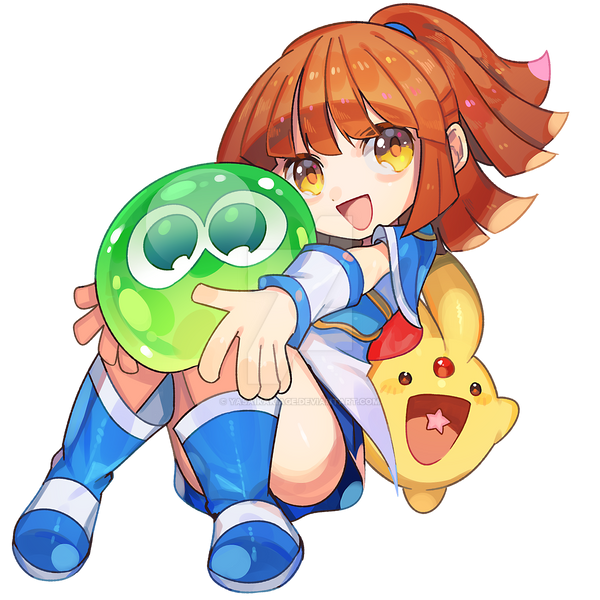 1girl, arle_nadja, brown_hair, carbuncle_(puyopuyo), convenient_leg, dot_nose, floating, long_hair