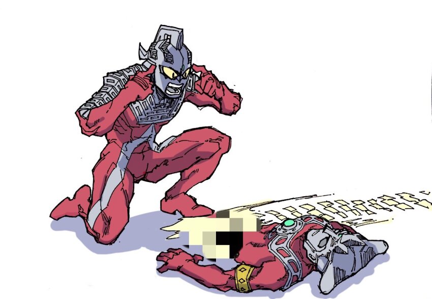 2boys, alien, amputee, angry, armlet, armor, censored, color_timer, colored_skin, commentary, crest, empty_eyes, english_commentary, eye_slugger, facial_mark, fingers_to_head, forehead_jewel, forehead_mark, full_body, gem, gold_armlet, green_gem, jewelry, ju5tab0r3d1, lying, male_focus, meme, mosaic_censoring, multicolored_skin, multiple_boys, muscular, muscular_male, on_back, on_ground, on_one_knee, open_mouth, pointing, pointing_at_self, red_skin, shadow, silver_skin, simple_background, skid_mark, think_mark_think!_(meme), tokusatsu, ultra_series, ultraman_leo, ultraman_leo_(series), ultraseven, v-shaped_eyes, white_background, yellow_blood