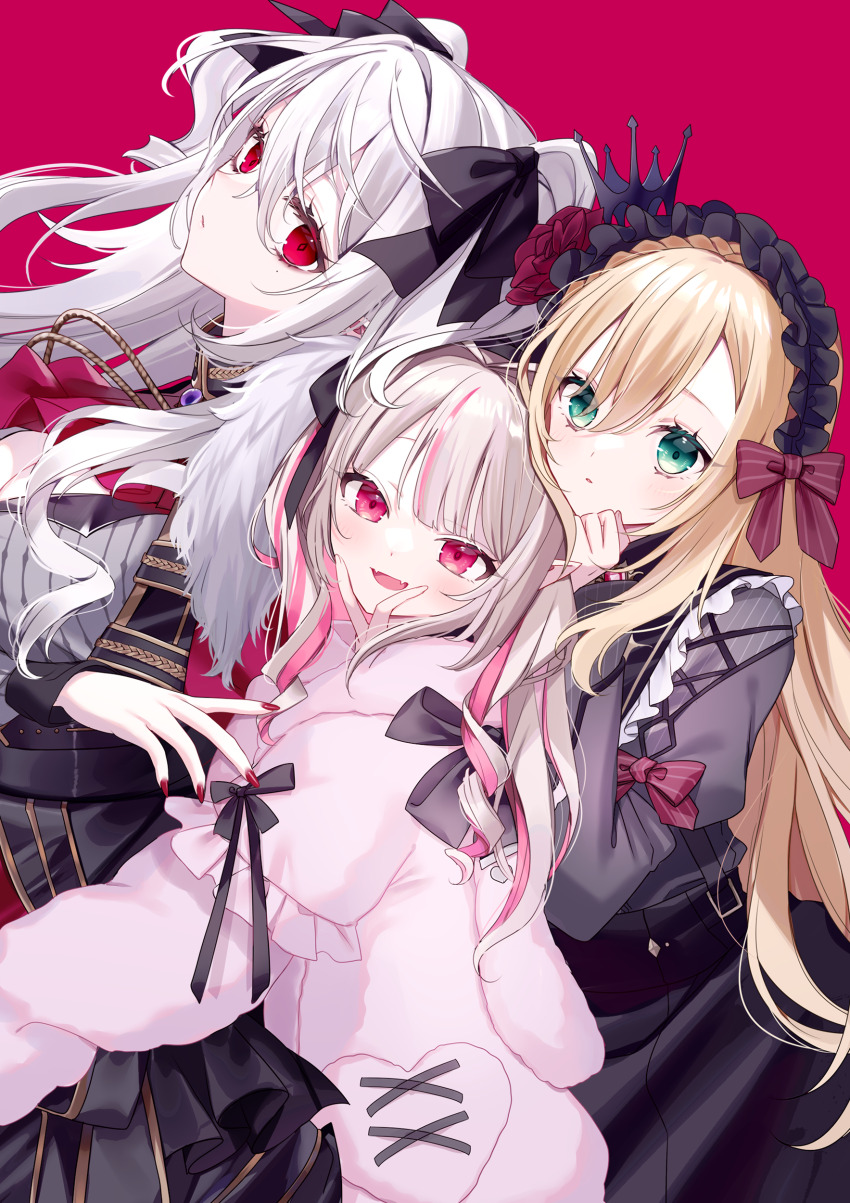 1boy, 2girls, absurdres, black_bow, black_skirt, blonde_hair, bow, boy_and_girl_sandwich